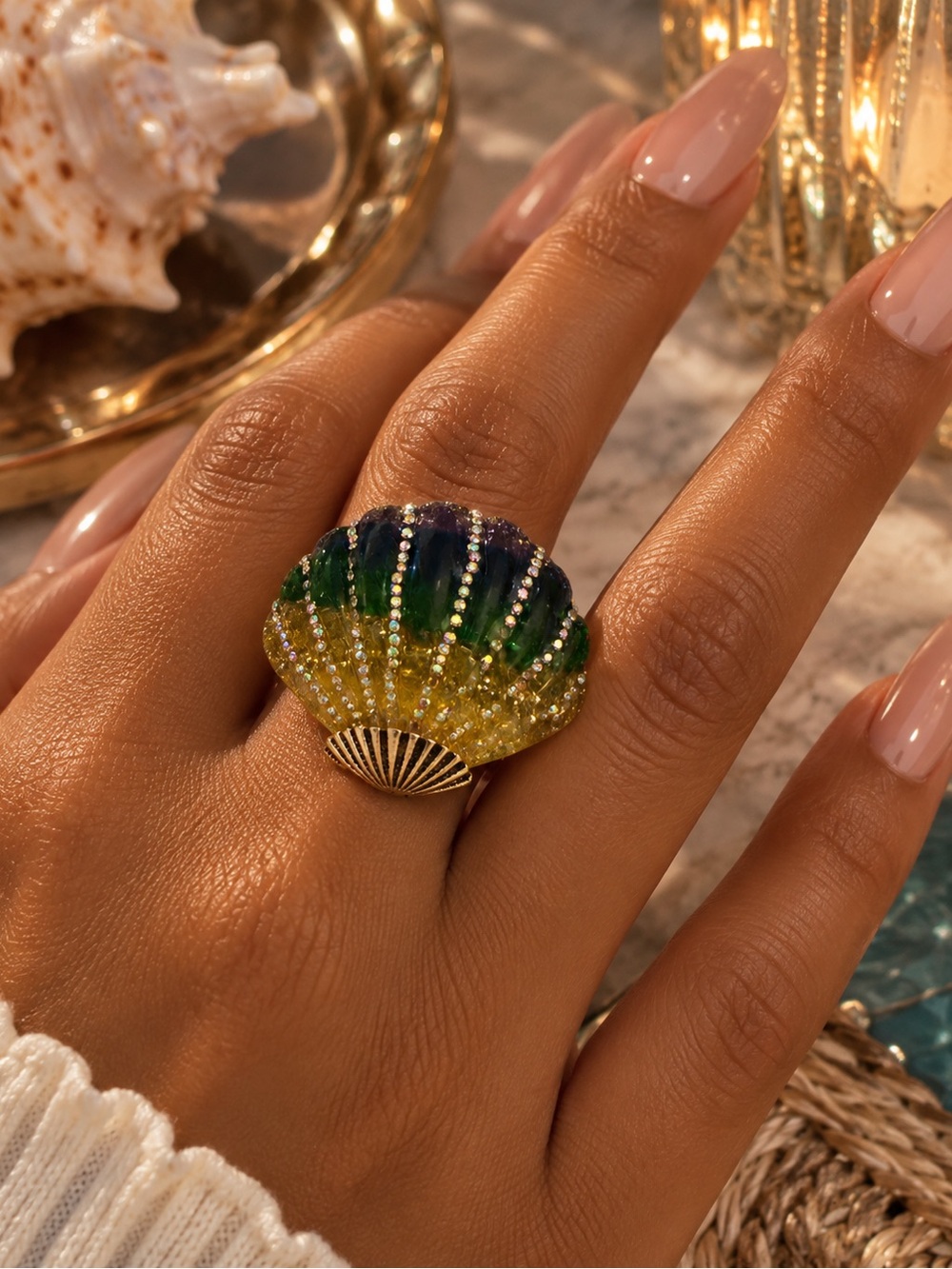 Gold Shell Gradient Crystal Ring in Yellow-Green-Blue